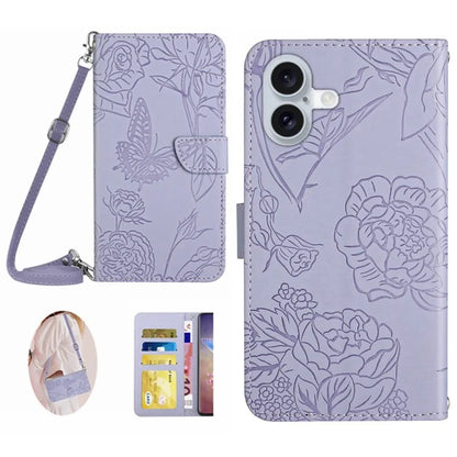 HT03 For iPhone 16 Plus Case Butterfly Flowers Leather Flip Phone Cover Crossbody String
