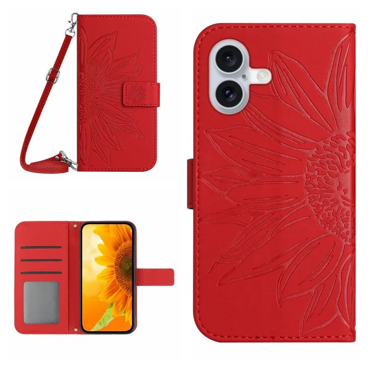 HT04 For iPhone 16 Plus Case with Shoulder Strap Leather Phone Cover Sunflower Pattern