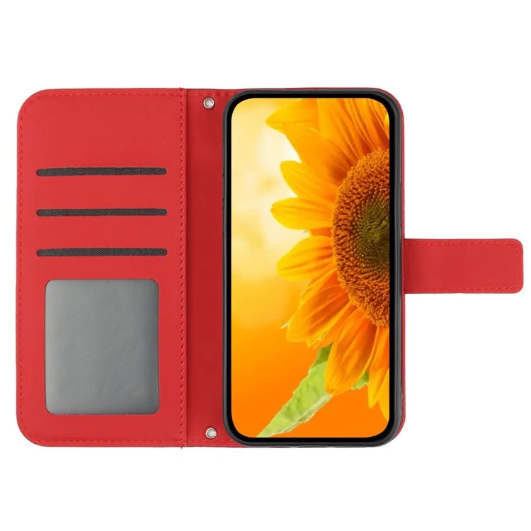 HT04 For iPhone 16 Plus Case with Shoulder Strap Leather Phone Cover Sunflower Pattern