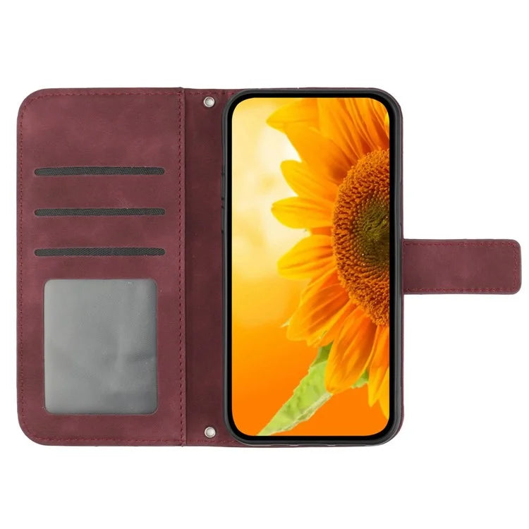 HT04 For iPhone 16 Plus Case with Shoulder Strap Leather Phone Cover Sunflower Pattern