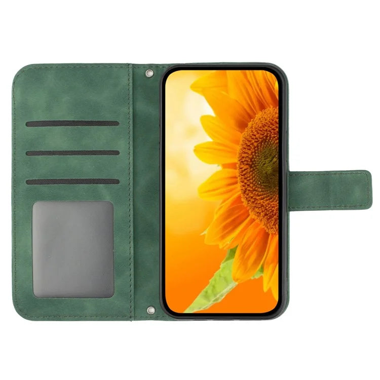 HT04 For iPhone 16 Plus Case with Shoulder Strap Leather Phone Cover Sunflower Pattern