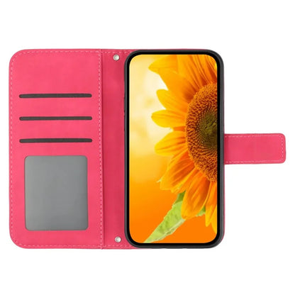 HT04 For iPhone 16 Plus Case with Shoulder Strap Leather Phone Cover Sunflower Pattern