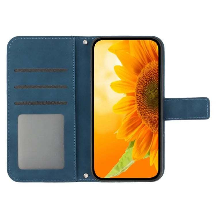 HT04 For iPhone 16 Plus Case with Shoulder Strap Leather Phone Cover Sunflower Pattern