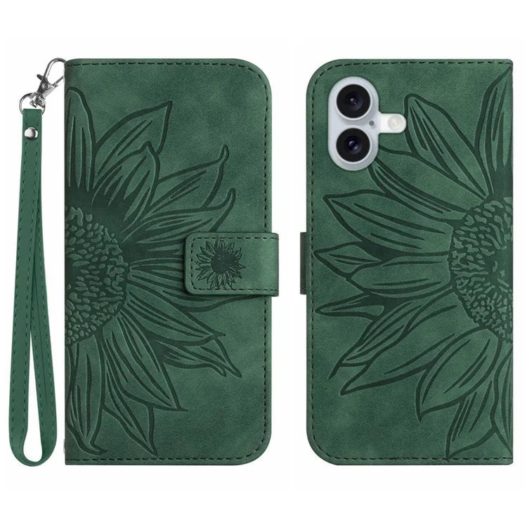 HT04 For iPhone 16 Plus Wallet Case Sunflower Leather Flip Phone Cover with Hand Strap
