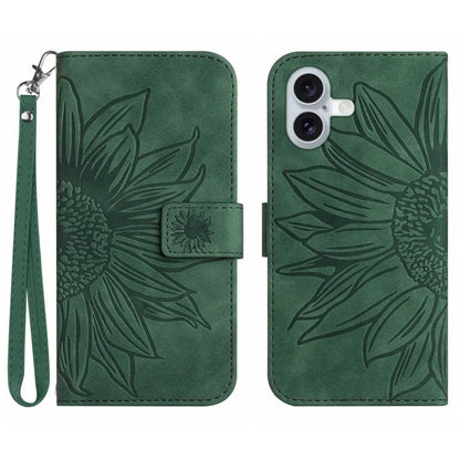 HT04 For iPhone 16 Plus Wallet Case Sunflower Leather Flip Phone Cover with Hand Strap