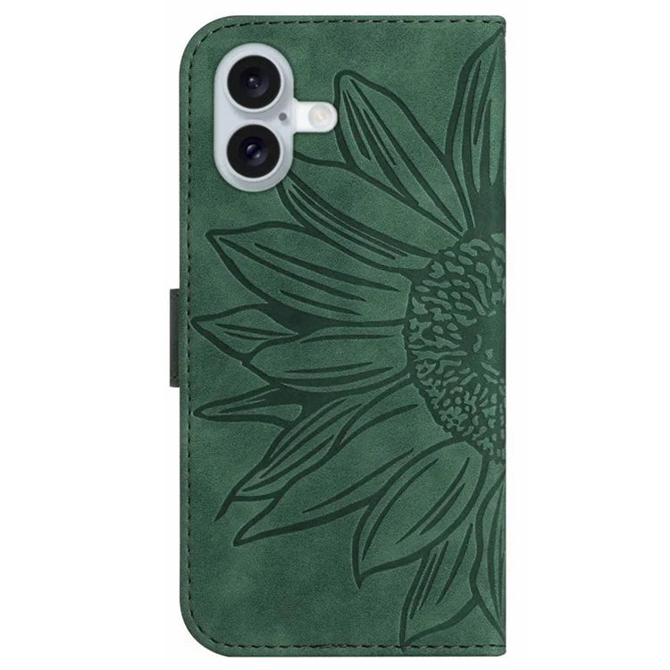 HT04 For iPhone 16 Plus Wallet Case Sunflower Leather Flip Phone Cover with Hand Strap