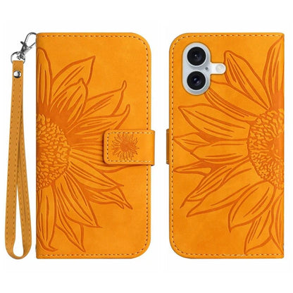 HT04 For iPhone 16 Plus Wallet Case Sunflower Leather Flip Phone Cover with Hand Strap