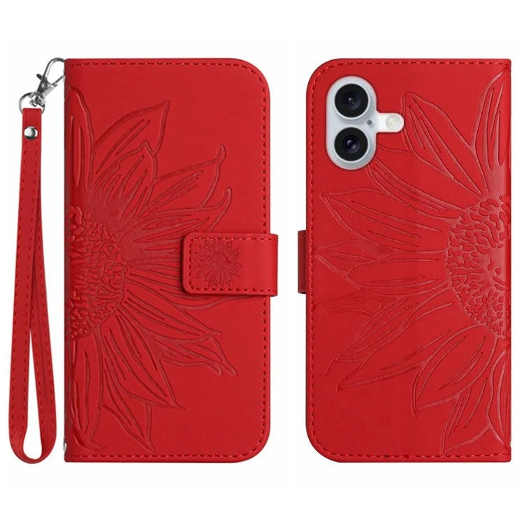 HT04 For iPhone 16 Plus Wallet Case Sunflower Leather Flip Phone Cover with Hand Strap