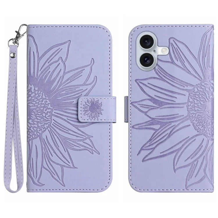 HT04 For iPhone 16 Plus Wallet Case Sunflower Leather Flip Phone Cover with Hand Strap