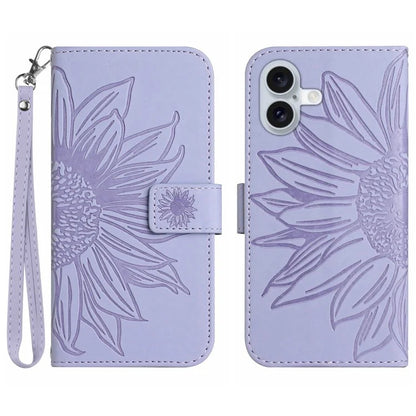HT04 For iPhone 16 Plus Wallet Case Sunflower Leather Flip Phone Cover with Hand Strap
