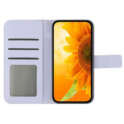 HT04 For iPhone 16 Plus Wallet Case Sunflower Leather Flip Phone Cover with Hand Strap