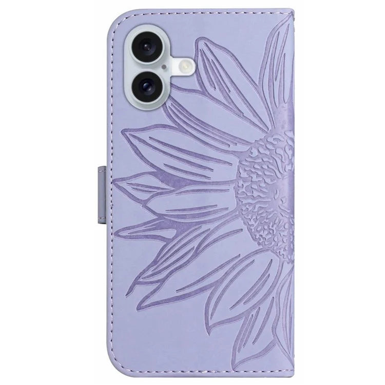 HT04 For iPhone 16 Plus Wallet Case Sunflower Leather Flip Phone Cover with Hand Strap