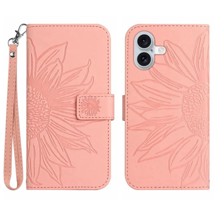 HT04 For iPhone 16 Plus Wallet Case Sunflower Leather Flip Phone Cover with Hand Strap