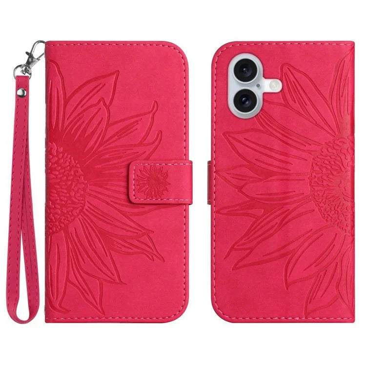 HT04 For iPhone 16 Plus Wallet Case Sunflower Leather Flip Phone Cover with Hand Strap