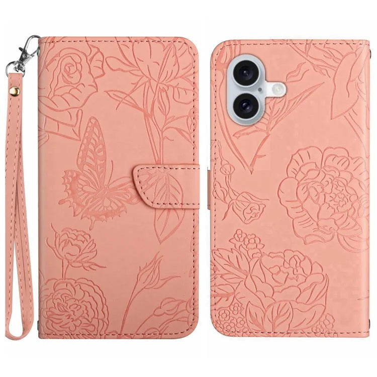 HT03 For iPhone 16 Plus Case Butterfly Flower Imprint Shockproof Leather Phone Cover
