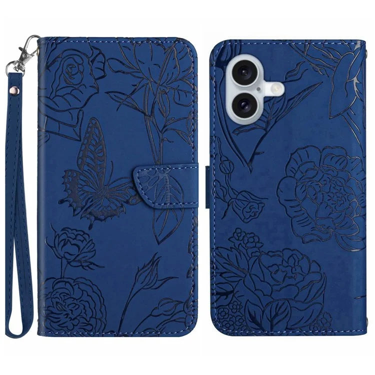 HT03 For iPhone 16 Plus Case Butterfly Flower Imprint Shockproof Leather Phone Cover