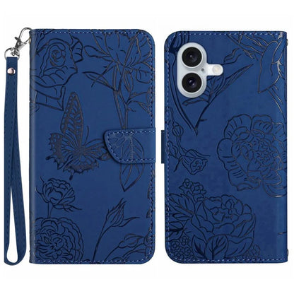 HT03 For iPhone 16 Plus Case Butterfly Flower Imprint Shockproof Leather Phone Cover