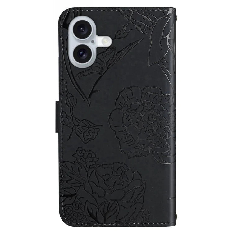 HT03 For iPhone 16 Plus Case Butterfly Flower Imprint Shockproof Leather Phone Cover