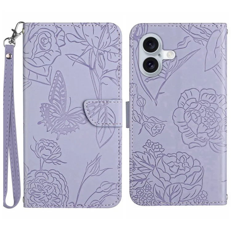 HT03 For iPhone 16 Plus Case Butterfly Flower Imprint Shockproof Leather Phone Cover
