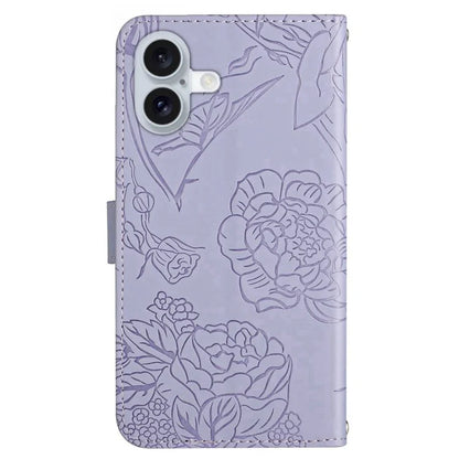 HT03 For iPhone 16 Plus Case Butterfly Flower Imprint Shockproof Leather Phone Cover