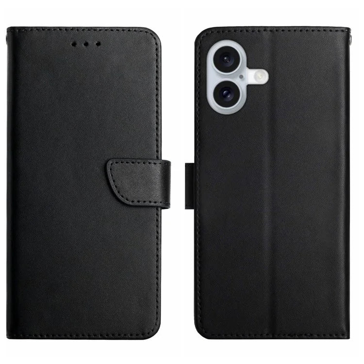 HT02 For iPhone 16 Plus Case Nappa Grain Wallet Genuine Cow Leather Phone Cover