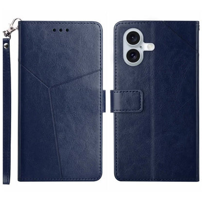 HT01 For iPhone 16 Plus Case Flip Leather Wallet Phone Cover with Y-Shaped Lines