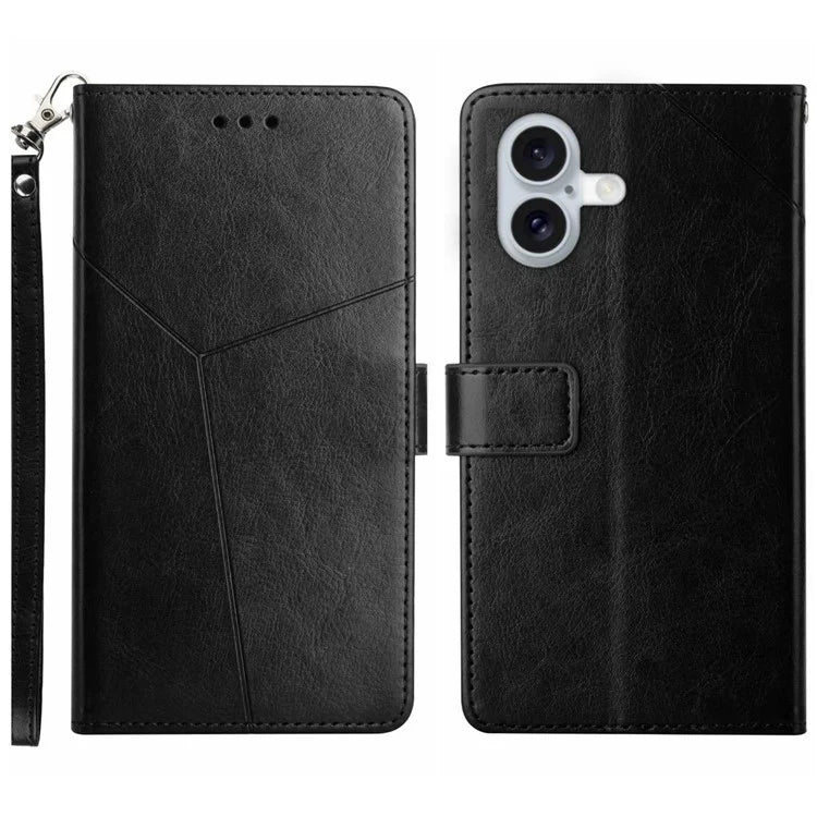 HT01 For iPhone 16 Plus Case Flip Leather Wallet Phone Cover with Y-Shaped Lines
