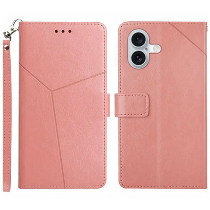 HT01 For iPhone 16 Plus Case Flip Leather Wallet Phone Cover with Y-Shaped Lines
