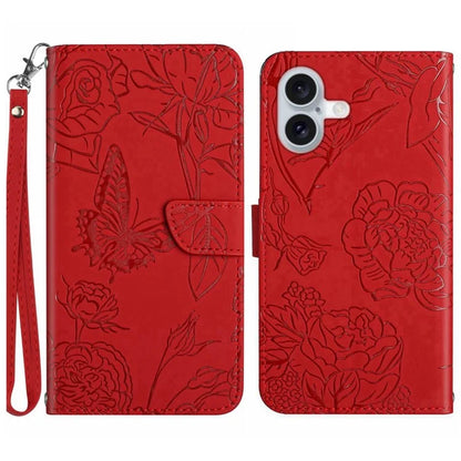 HT03 For iPhone 16 Stand Case PU Leather Phone Cover Butterfly Flower Imprinted