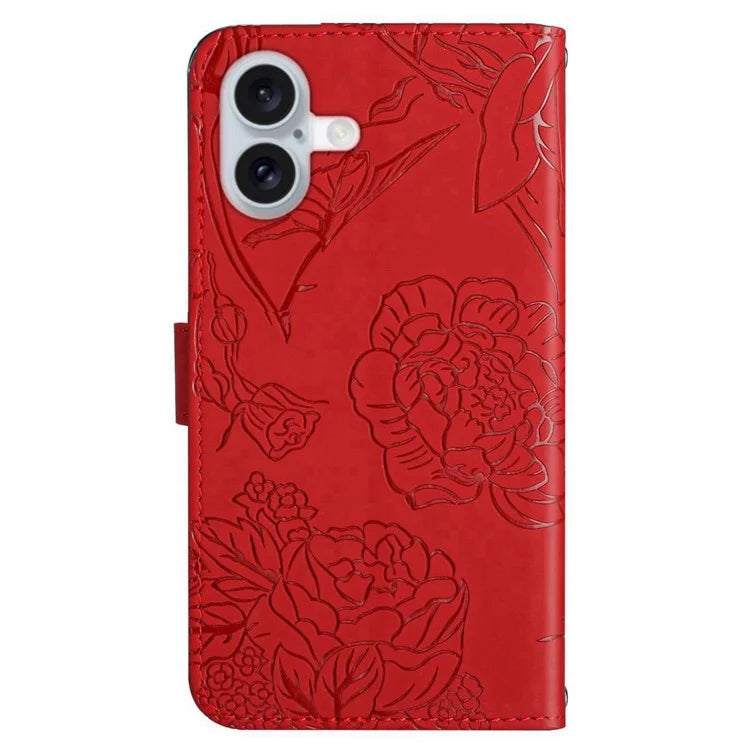 HT03 For iPhone 16 Stand Case PU Leather Phone Cover Butterfly Flower Imprinted