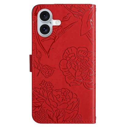 HT03 For iPhone 16 Stand Case PU Leather Phone Cover Butterfly Flower Imprinted