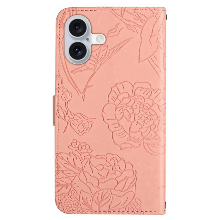 HT03 For iPhone 16 Stand Case PU Leather Phone Cover Butterfly Flower Imprinted