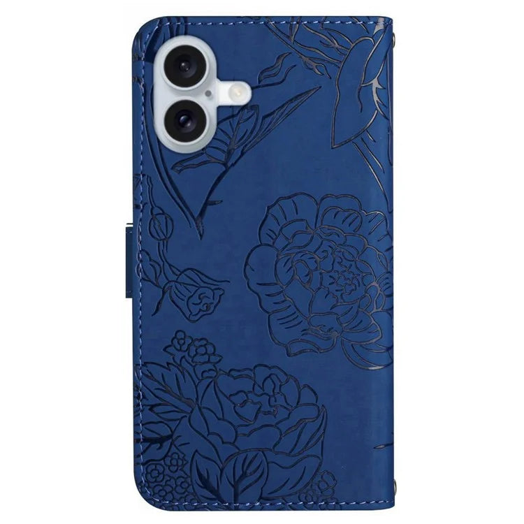 HT03 For iPhone 16 Stand Case PU Leather Phone Cover Butterfly Flower Imprinted