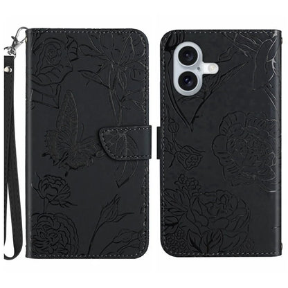HT03 For iPhone 16 Stand Case PU Leather Phone Cover Butterfly Flower Imprinted