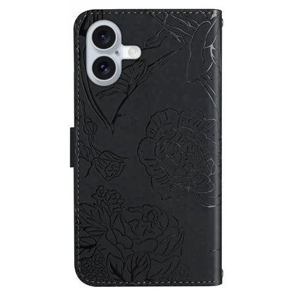 HT03 For iPhone 16 Stand Case PU Leather Phone Cover Butterfly Flower Imprinted