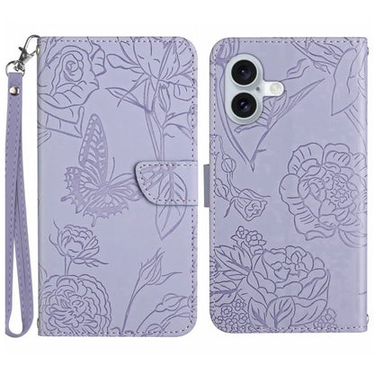 HT03 For iPhone 16 Stand Case PU Leather Phone Cover Butterfly Flower Imprinted