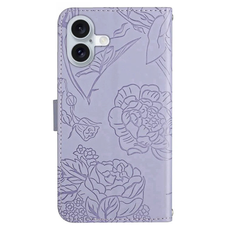 HT03 For iPhone 16 Stand Case PU Leather Phone Cover Butterfly Flower Imprinted