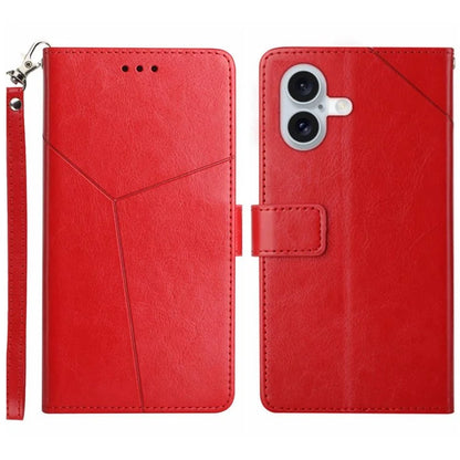 HT01 For iPhone 16 Case Y-Shaped Lines PU Leather Phone Cover with Wrist Strap