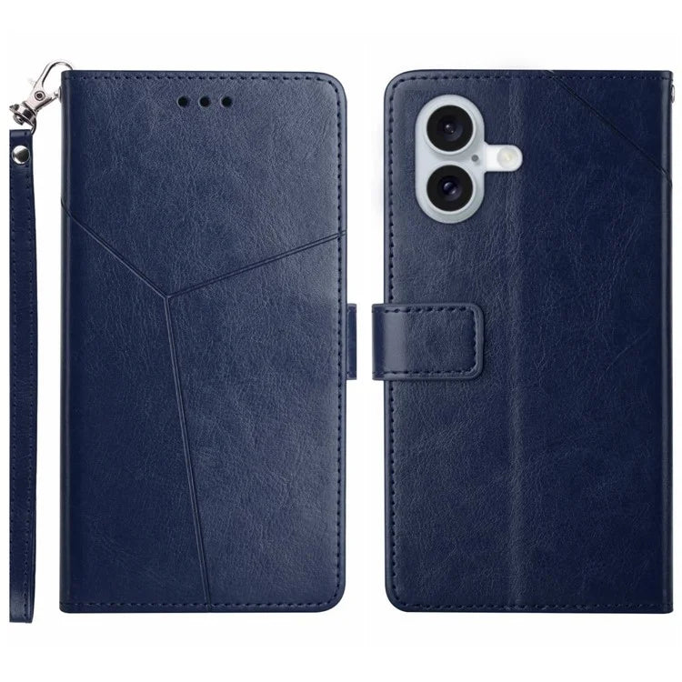 HT01 For iPhone 16 Case Y-Shaped Lines PU Leather Phone Cover with Wrist Strap