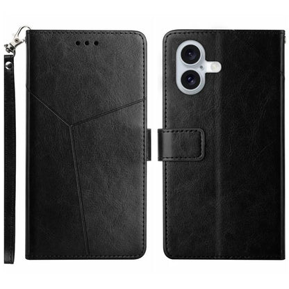 HT01 For iPhone 16 Case Y-Shaped Lines PU Leather Phone Cover with Wrist Strap