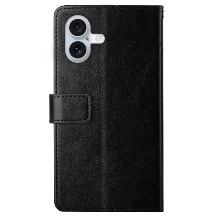HT01 For iPhone 16 Case Y-Shaped Lines PU Leather Phone Cover with Wrist Strap