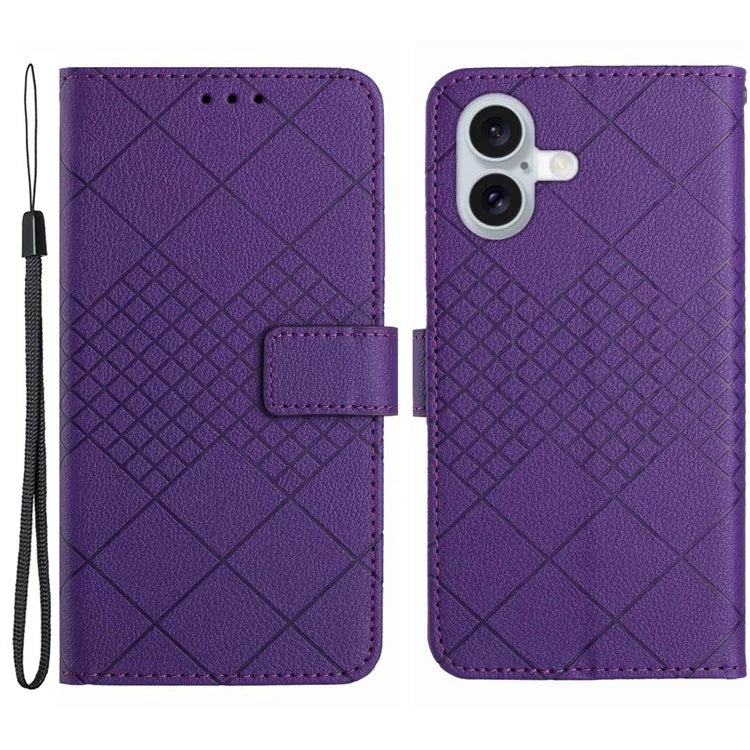 HT06 For iPhone 16 Case Leather Wallet Phone Cover Litchi Texture Rhombus Pattern