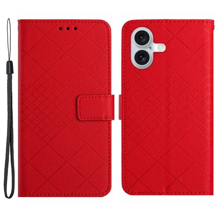 HT06 For iPhone 16 Case Leather Wallet Phone Cover Litchi Texture Rhombus Pattern