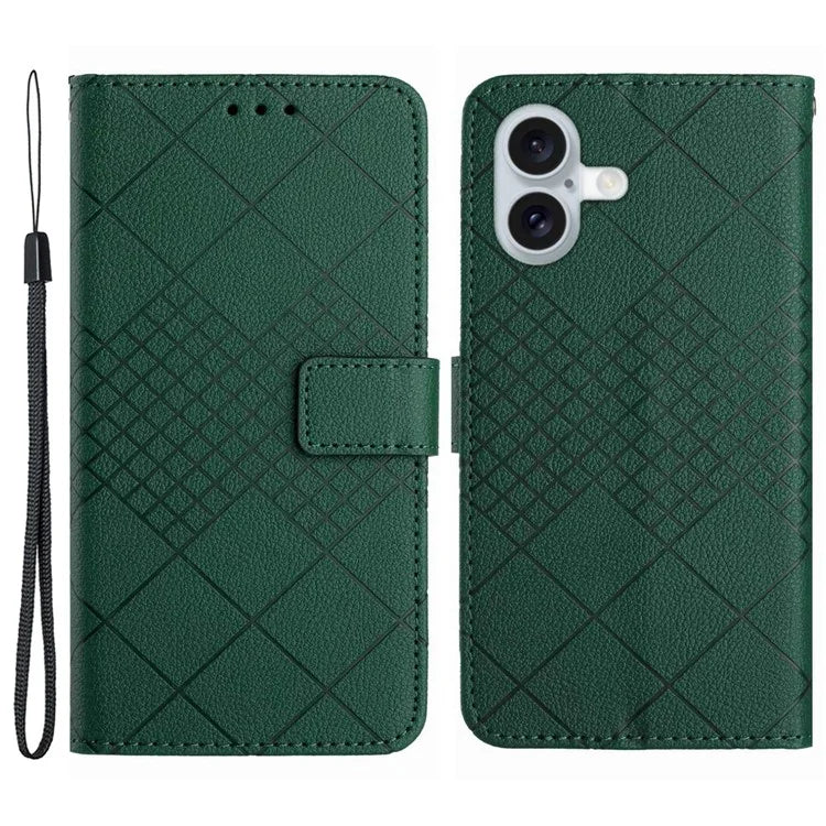 HT06 For iPhone 16 Case Leather Wallet Phone Cover Litchi Texture Rhombus Pattern