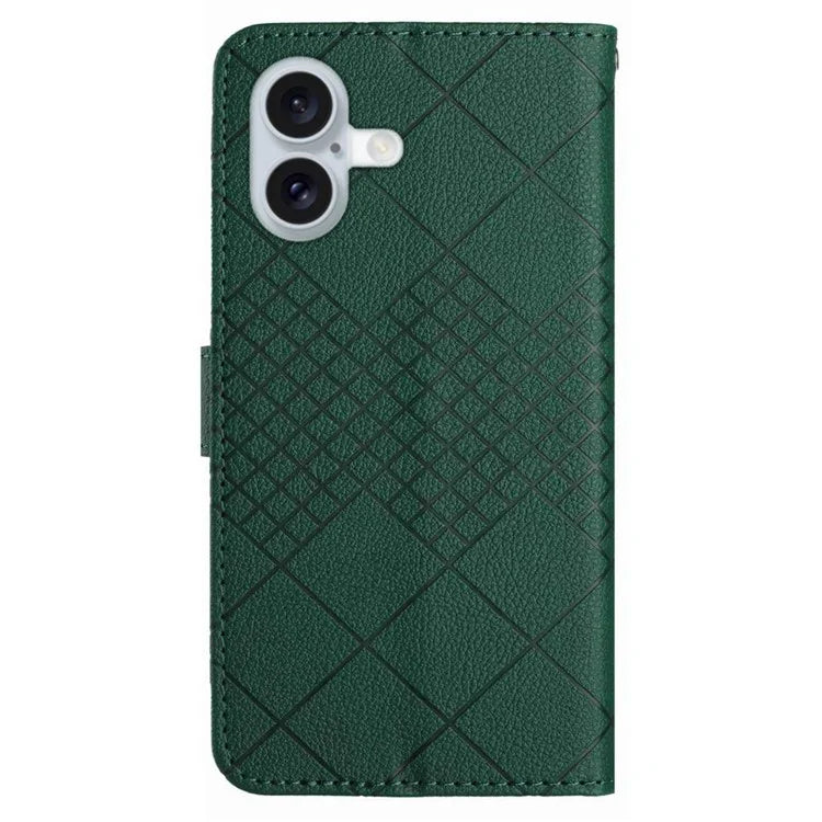 HT06 For iPhone 16 Case Leather Wallet Phone Cover Litchi Texture Rhombus Pattern