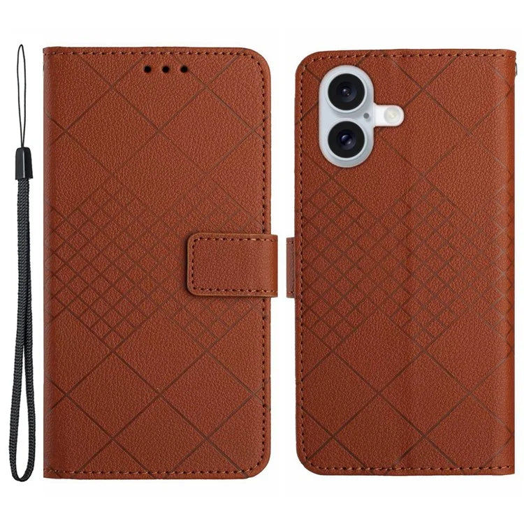 HT06 For iPhone 16 Case Leather Wallet Phone Cover Litchi Texture Rhombus Pattern