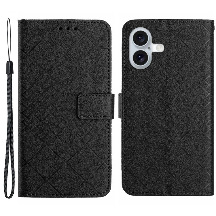 HT06 For iPhone 16 Case Leather Wallet Phone Cover Litchi Texture Rhombus Pattern