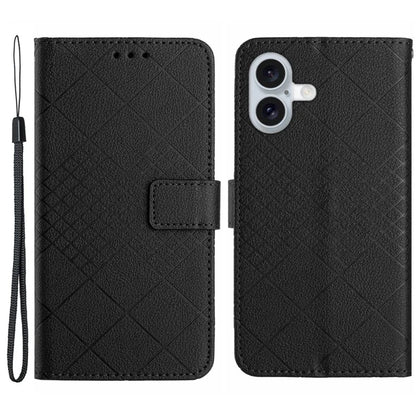 HT06 For iPhone 16 Case Leather Wallet Phone Cover Litchi Texture Rhombus Pattern