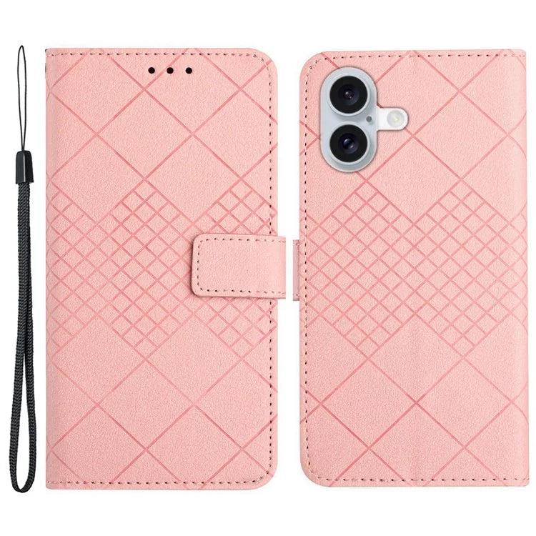 HT06 For iPhone 16 Case Leather Wallet Phone Cover Litchi Texture Rhombus Pattern