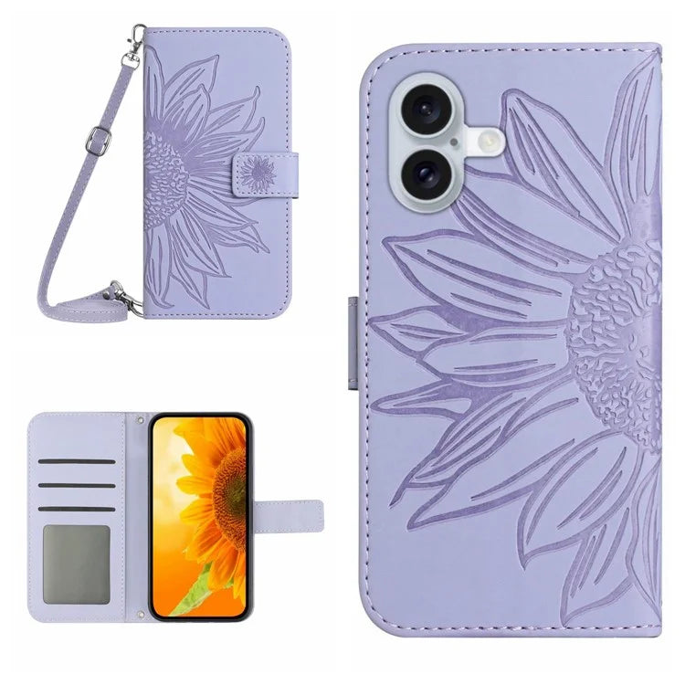 HT04 For iPhone 16 Case Sunflower Skin-Feel Leather Phone Cover with Shoulder Strap